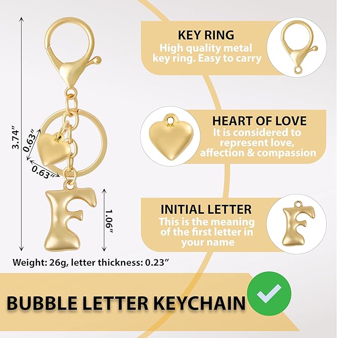 Heart Bubble Letter Keychain for Women, Girls - Cute Keychain with Initial - Alphabet Keychain for Bag Charm, Handbag