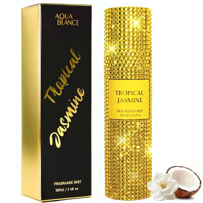 AQUA BLANCE Body Spray for Women, Tropical Jasmine, Diamond embellished Fragrance Mist, 3.4 fl oz, Notes of Coconut, Green Apple, Jasmine