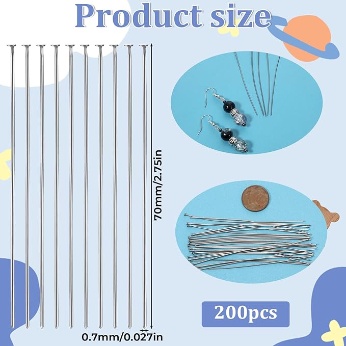 200 PCS Flat Head Pins for Jewelry Making, Stainless Steel Head Pins Long 70mm/2.75inch Silver Jewelry Pin, Metal End Headpins Long Flat Pin Jewelrys Findings for DIY Crafts Earring Pendant Supplies
