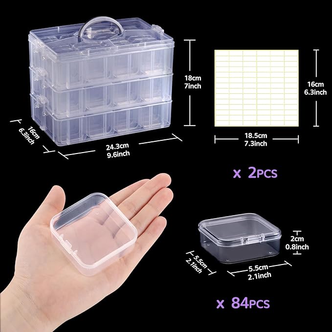 Bead Organizer Box, 84pcs Small Plastic Containers with Lids and Labels, 3-Tier Stackable Storage Box, Mini Clear Bead Storage Boxes for Jewelry Craft Diamonds Beads DIY Nail Screw Small Parts