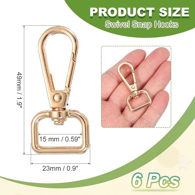 Swivel Snap Hooks, Metal D Ring Keychain Lanyard Clip Hook Lobster Clasp Claw Push Gate Clip - Fitting for(Purse Making - Sewing - DIY Crafts) 6 Pcs & 5/8" & Light Gold