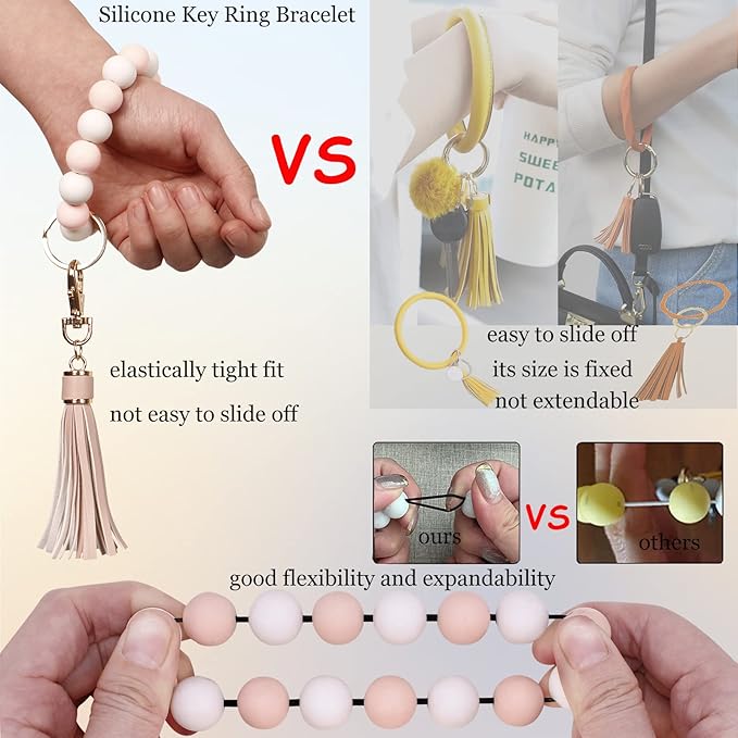 BIHRTC Key Ring Bracelet Car Keychain Holder Wristlet Silicone Women Beaded Bangle Chains