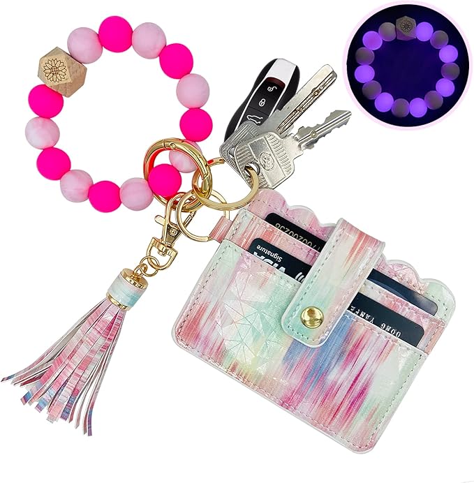 Keychain Wallet Wristlet Small Credit Card Holder Bracelet Key Chain Purse Bangle Tassel Beads Key Rings for Women