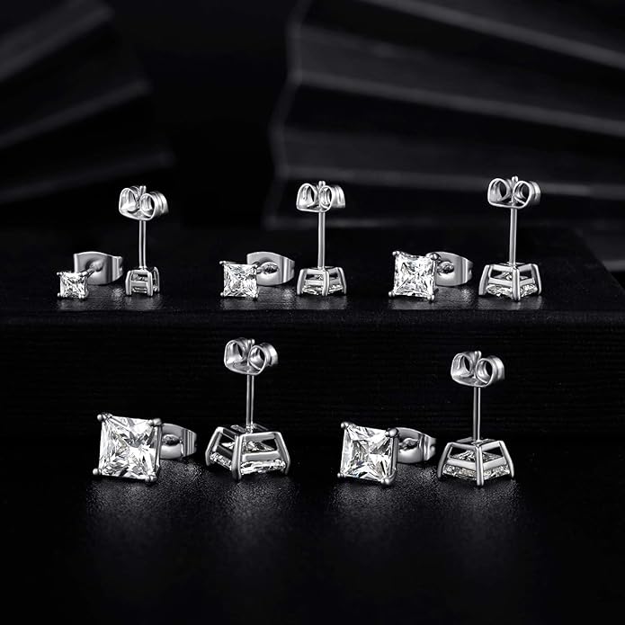 MDFUN 5 Pairs Square Earrings Set for Women Hypoallergenic 18K White Gold/Yellow Gold/Rose Gold Plated Princess Cut Clear Cubic Zirconia Stud Earring 3-7MM Pack of 5