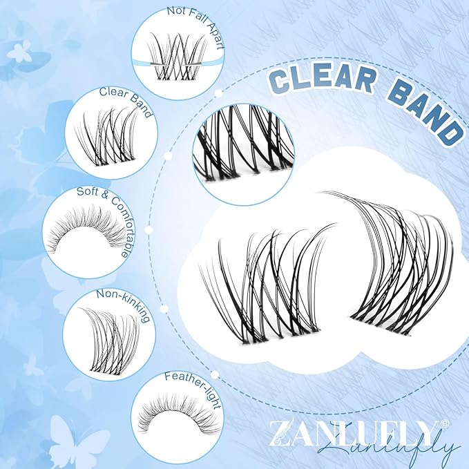 Natural Lash Clusters Kit Invisible Band Eyelash Clusters DIY Lash Extension Kit Wispy Eyelash Extension Kit Clear Band Cluster Lashes with Lash Glue, Brush and Tweezers by ZANLUFLY(8-16mm)