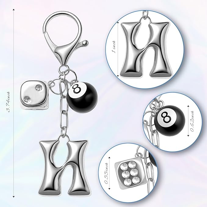 8 Ball Dice Keychain with Silver Bubble Initial - Y2K Aesthetic Cute Bag Purse Charms for Women