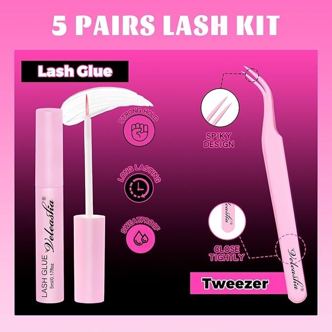 Veleasha Lashes Wispy False Eyelashes 100% Handmade Eyelashes Natural Look Fake Lashes Lightweight Lashes with Soft Clear Band & Lash Glue and Tweezers 5 Pairs Pack (G2 Kit)