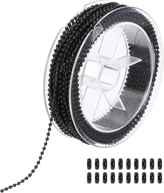 PATIKIL 10m/32.8ft Beaded Ball Chain, 2mm Stainless Steel Pull Chain Extension with 20 Pcs Connectors for Tag Chain, Keychain Rings, DIY Crafts, Black