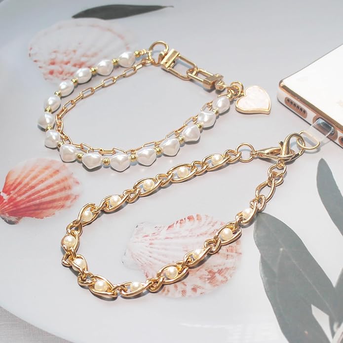Pearl Beaded Phone Charm Wrist Strap,Cute Bracelet Wristlet Lanyard,Gold Double Chain for Phone Case,Purse Bag Wallet