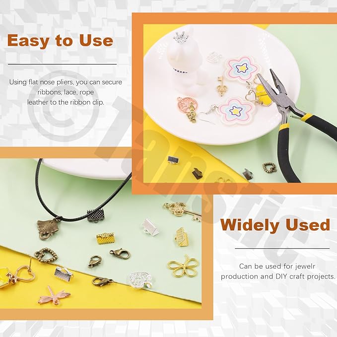 Tanstic 430Pcs Gold Ribbon Ends Fastener Clasps Kit, Bookmark Pinch Crimp Ends with Open Jump Rings, Lobster Claw Clasps, Chain Extenders and Pendant Charms for DIY Crafts