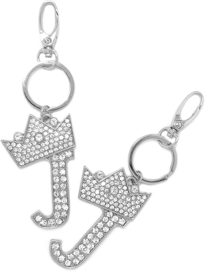 CBC Crown Crystal Rhinestone Letter Initial Keychain, Gold Metal, Bag Charm with Key Ring Approx. 2.17" x 2.56"