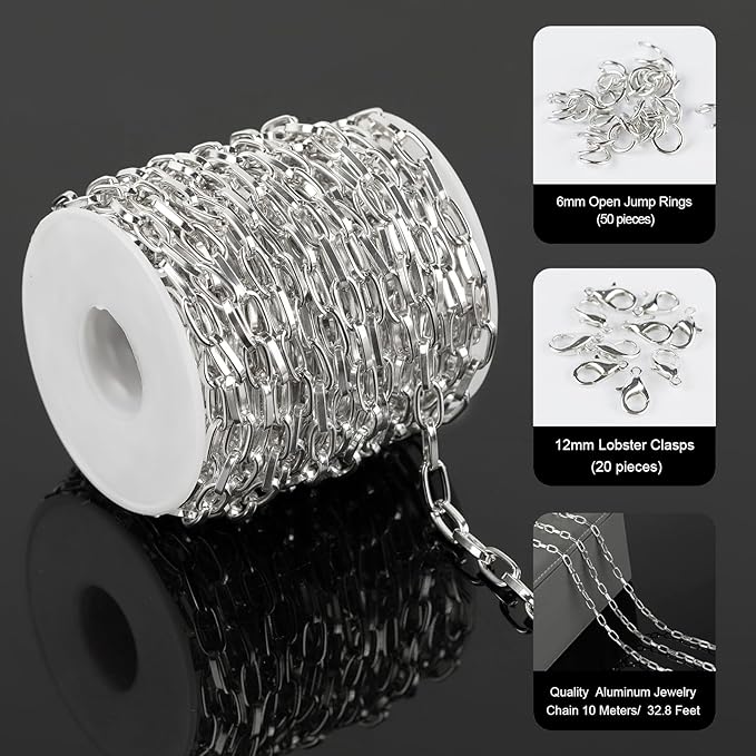 33 Feet Aluminum Chains for Jewelry Making Silver Plated Paperclip Necklace Chain Handmade DIY Chains Bulk with Jump Rings and Lobster Clasps