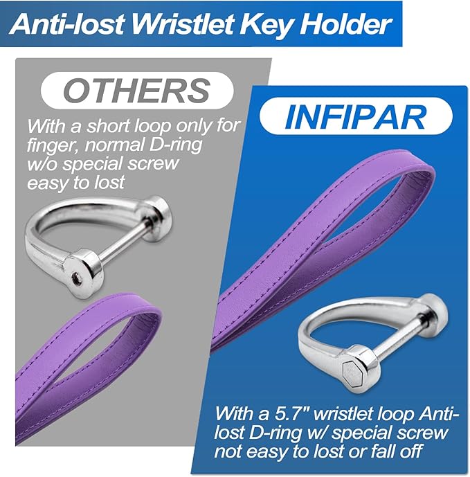 Car Fob Key Chain Genuine Leather Wristlet Strap Keychains Holder for Men and Women, 360 Degree Rotatable, with Anti-lost D-Ring, Carabiner Clip and 4pcs Key Rings, Purple