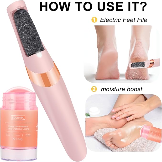 Electric Foot File with Urea Cream, Rechargeable Callus Remover, Peach Scented Moisturizing Treatment, Portable Cracked Heel Stick for Dry and Cracked Feet, Pink and Rose Gold