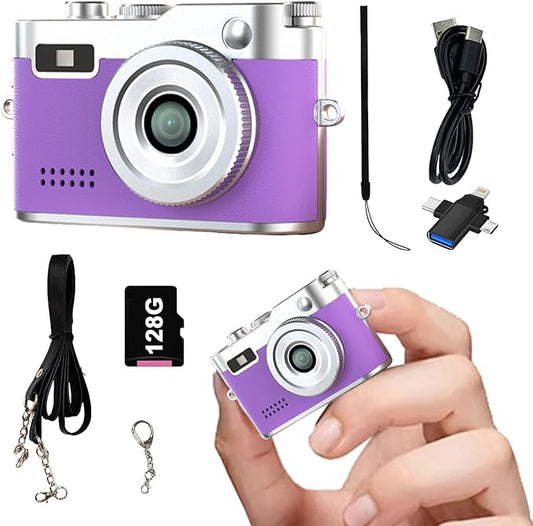 Keychain Retro Camera，Mini Micro Digital Tiny Digital Photo Camera，1080P FHD Tiny Portable Small Cameras Pocket Video Recorder，for Travel Study Recording (Purple-128G)