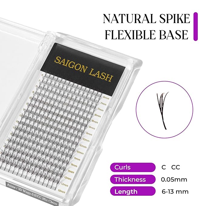 SAIGON LASH Anime Lash Kits Promade Fans –3D & 12D Wispy Volume Lashes, CC Curl 0.07, Mixed Length 6–13mm, Loose Handmade Extensions for Lash Artists (Dark chocolate-C-0.05-6 - 13mm)