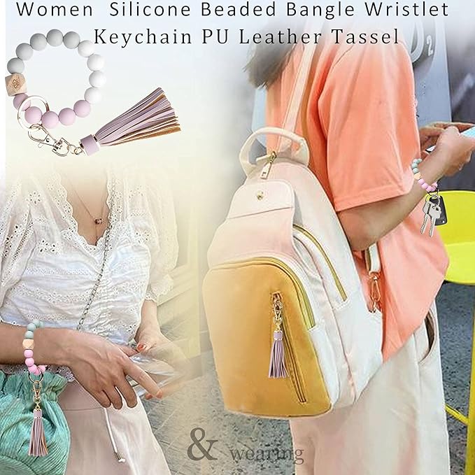 BIHRTC Key Ring Bracelet Car Keychain Holder Wristlet Silicone Women Beaded Bangle Chains