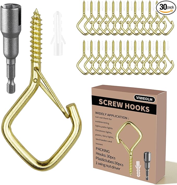 30 Pcs Gold Eye Hooks Screw Heavy Duty,Ceiling Hooks for Hanging Plants,String Lights,Cup,Wind Chime,Bird Feeders. Plant Hanger Indoor&Outdoor