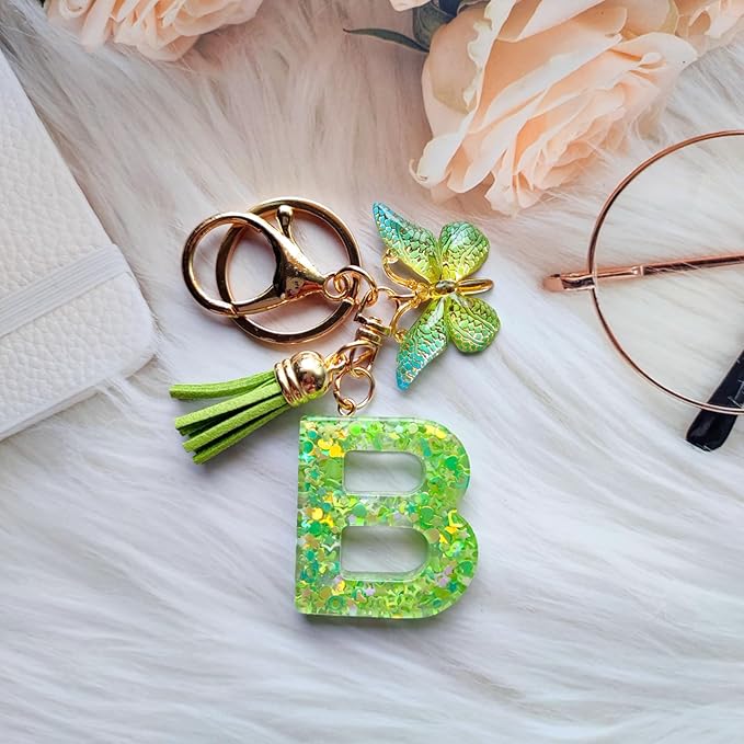 Cute Initial Letter Keychains for Women Girls Tassel Butterfly Pink Purple Green Keychain for Backpack School Bag