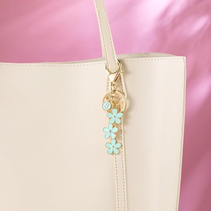 SELOVO Initial Keychain White/Pink/Black Cute Keychain Girl Purse Charms for Handbag Cute Letter Flower Keyring for Backpack