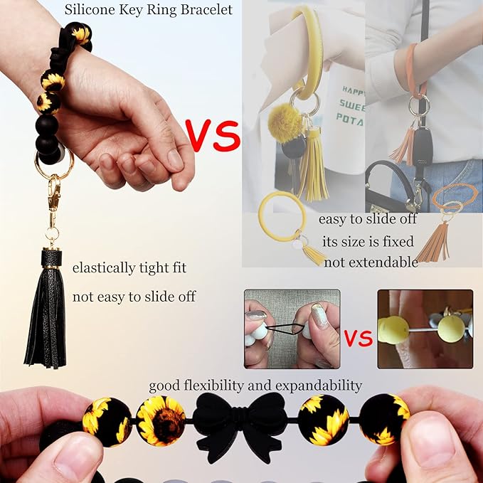 BIHRTC Key Ring Bracelet Car Keychain Holder Wristlet Silicone Women Beaded Bangle Chains