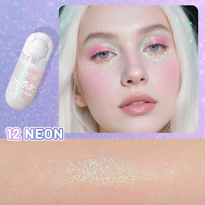 DAGEDA Body Glitter Gel, Roll-on Face Glitter for Mermaid Makeup Festival Rave Accessories, Holographic Hair Glitter Gel,Body Shimmer Halloween Makeup for Rave Party (Neon)
