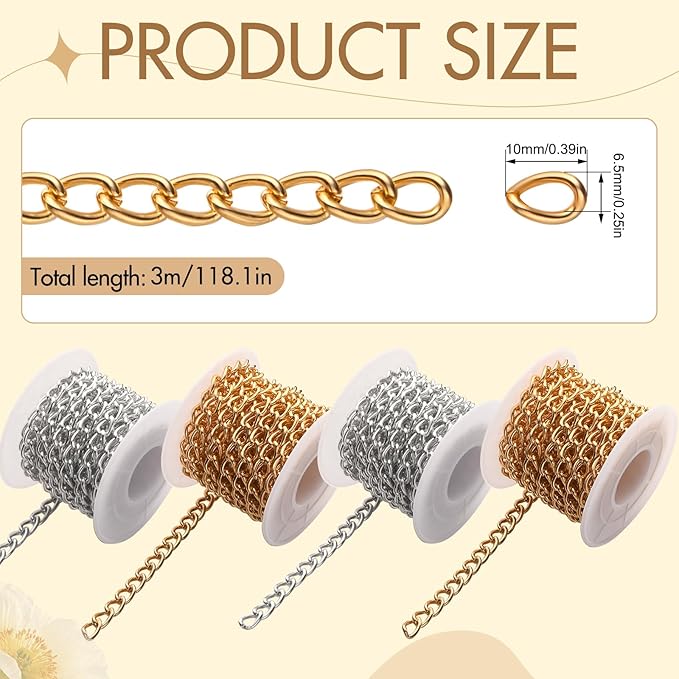 Jadive 4 Rolls 39.4 Feet Aluminium Necklace Chains 6.5 mm Twisted Links Spool Chain Jewelry Making Chains for Bracelet Necklace Jewelry Making(Silver, Gold)