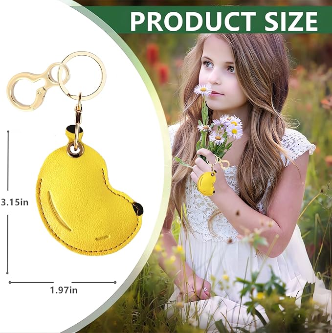 Leather Keychain Holder Case Compatible with AirTag,Cute Protective Apple Air Tag Cover with Keychain Ring,Anti-Scratch Finder GPS Tracker Case for Wallet Keys,Bag,Pets(Banana)