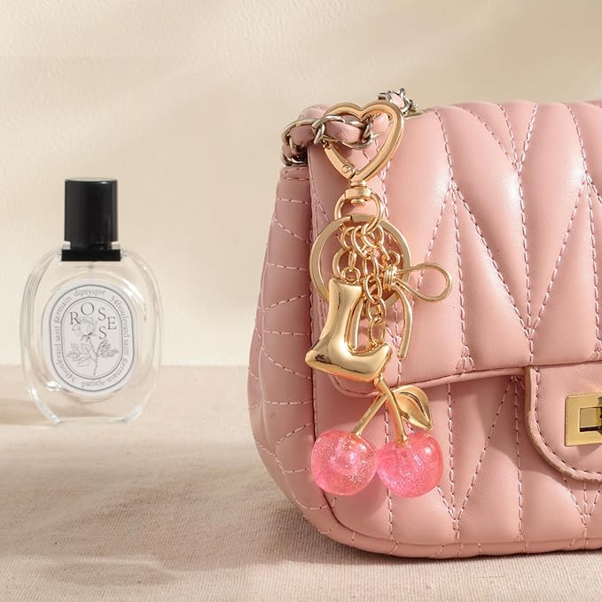 Snycler Bubble Initial Keychain with Cherry & Bow - Gold Letter Bag Charms for Women, Cute Purse Handbag Accessories