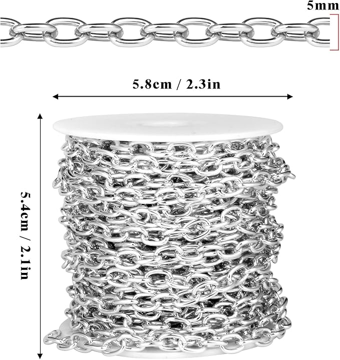 33 Feet Silver Rolo Cable Chains Roll, 5 MM Silver Plated Aluminium Oval Cable O Links Chain Bulk Spool for Jewelry Making DIY Craft