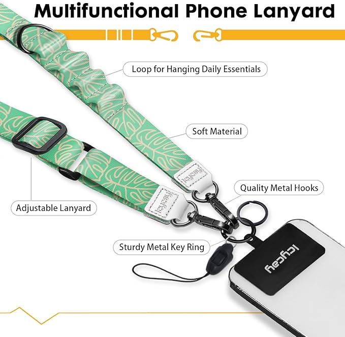 Phone Lanyard Crossbody, Green Tropical Leaves Cell Phone Strap for Around The Neck Adjustable, Teacher Anti Theft Cute Lanyard for iPhone Case ID Holder Keys Accessories Travel Essential