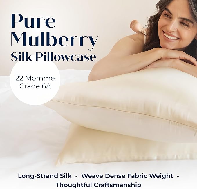 Moonaé Mulberry Silk Pillowcase – Pure Silk Pillow Cover for Healthier Hair & Smoother Skin – Soft, Breathable and Temperature-Regulating, Luxurious Silk Case Colors Ivory-Q