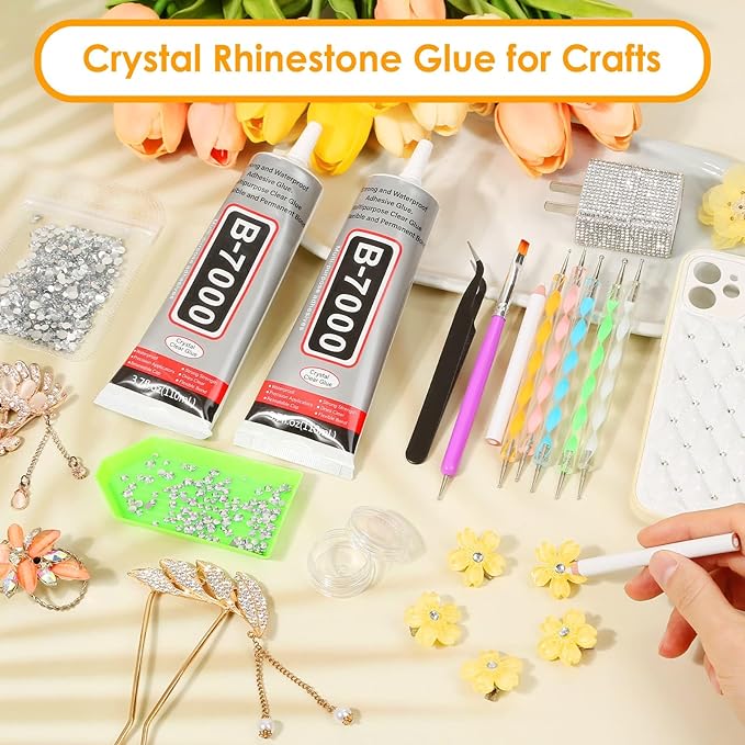 B7000 Glue Clear with Precision Tip, 2Pcs 110mL Jewelry Bead Gem Tac Glue, Bedazzling Adhesive with Silver Rhinestones, Dotting Pen Tool for Jewelry Making Clothe Fabric Shoes DIY Crafts Nail Art