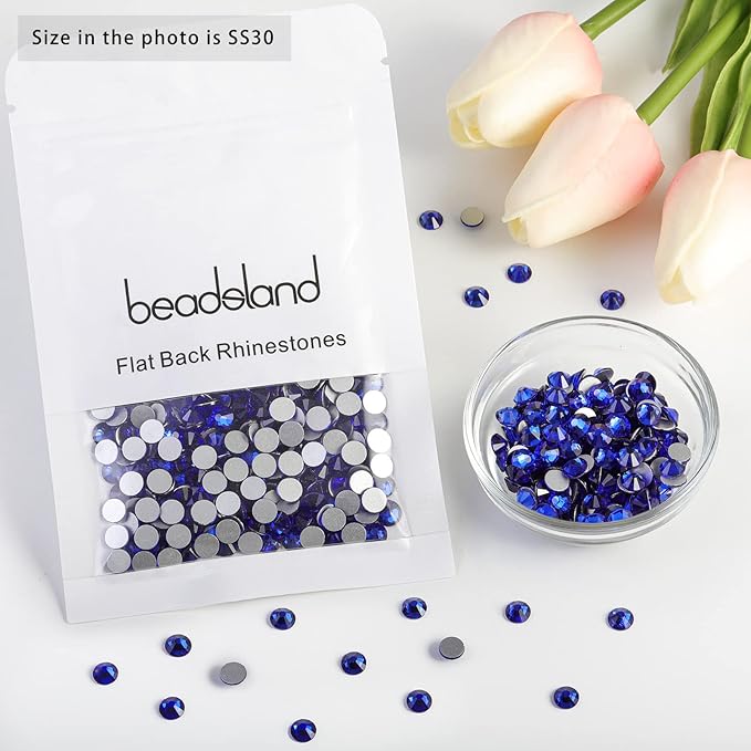beadsland Flat Back Crystal Rhinestones Round Gems, Sapphire (6.4-6.6mm) SS30/288pcs