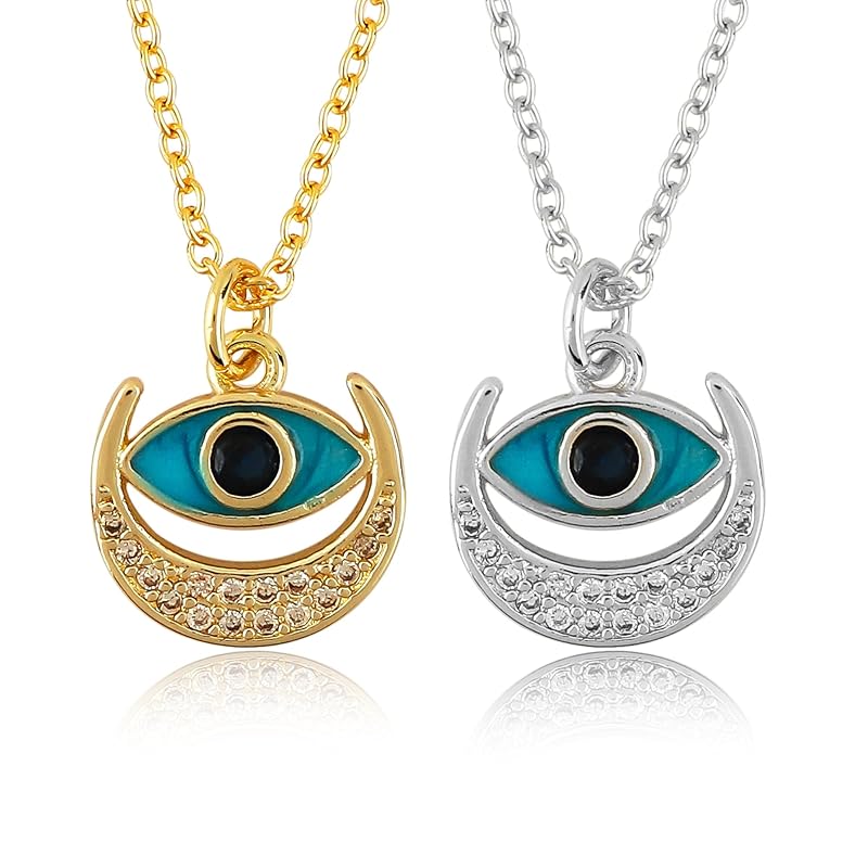 JOR Evil Eye Charm Pendant Necklace, Women Jewelry, Dainty Gold & Silver Plated Combo Chain 18 inch (Pack of 2)