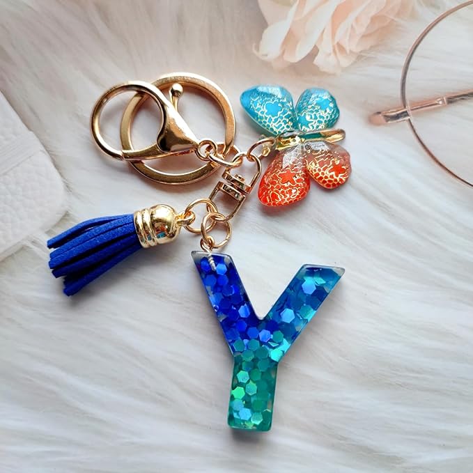 Cute Initial Letter Keychains for Women Girls Tassel Butterfly Pink Purple Green Keychain for Backpack School Bag