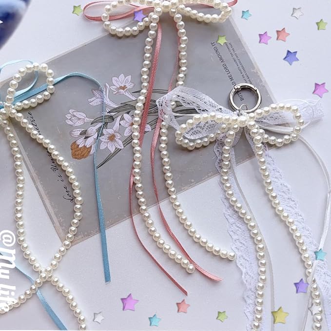 Pearl Bow Keychain Cute Y2k Lace Bowknot Keychain Coquette Aesthetic Accessories Bag Purse Handbag Backpack Charm