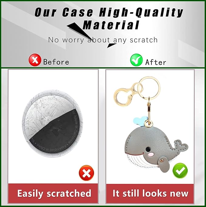 Leather Keychain Holder Case Compatible with AirTag,Cute Protective Cover with Keyring,Anti-Scratch Finder GPS Tracker Case for Wallet Keys,Bag,Pets(Whale Grey)