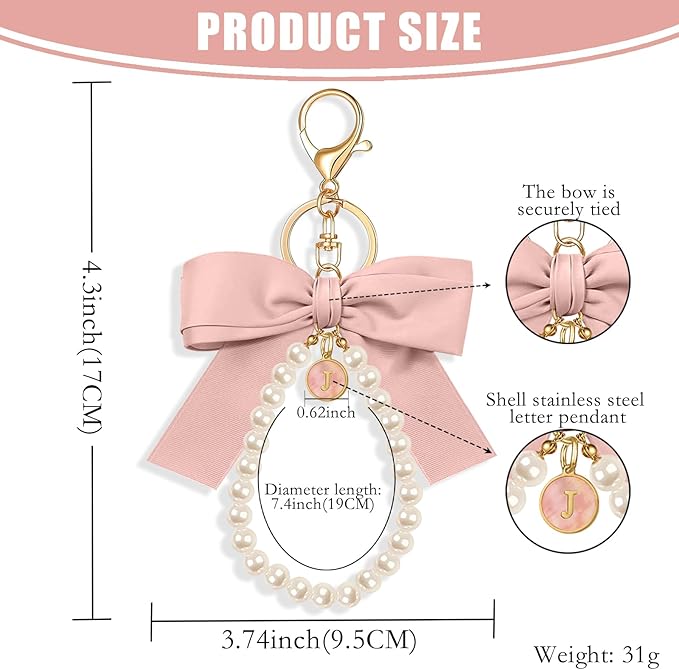 XGALBLA Initial Letter Cute Coquette Bow Keychain for Women, Wristlet Simulated Pearl Keychains Bag Charms for Handbags