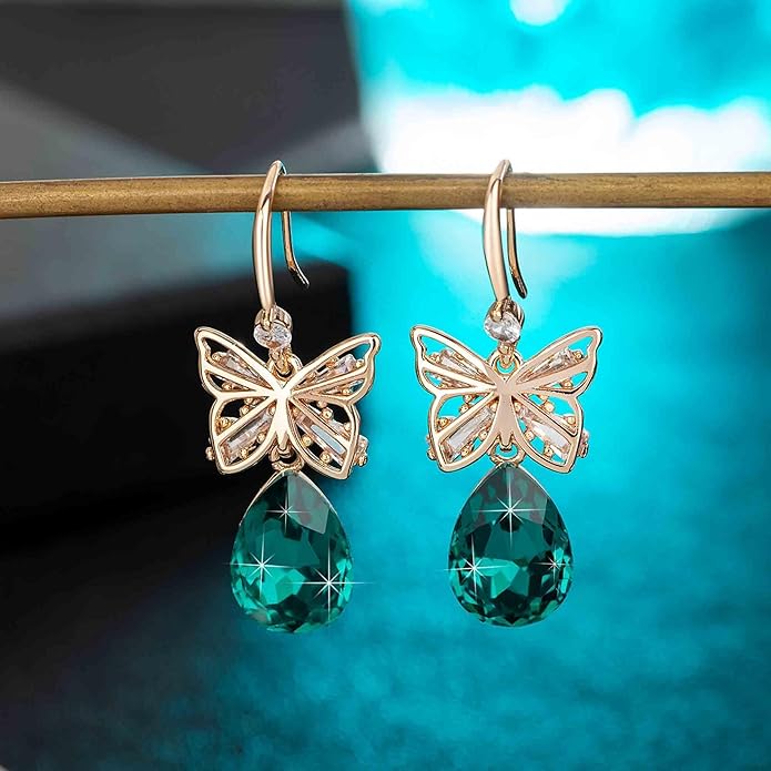 Austrian Crystal Teardrop Butterfly Drop Dangle Earrings for Women 14K Rose Gold Plated Hypoallergenic Jewelry