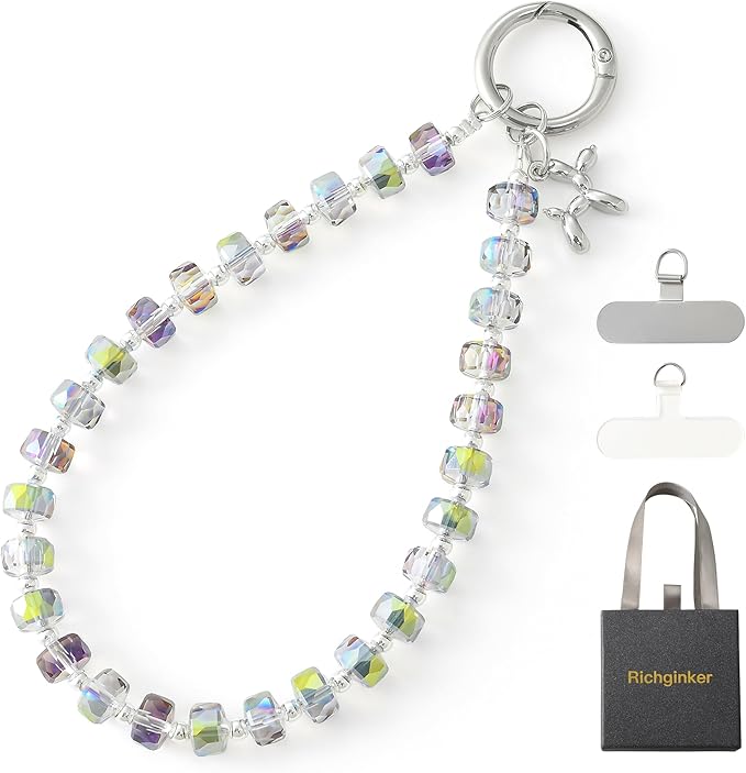 Crystal Phone Wrist Strap Phone Charm Chain Keychain Beaded Cellphone Lanyard with Tether Tab Hands-Free Wristlet Bracelet Wrist Grip Strap for Women, W-Green Purple