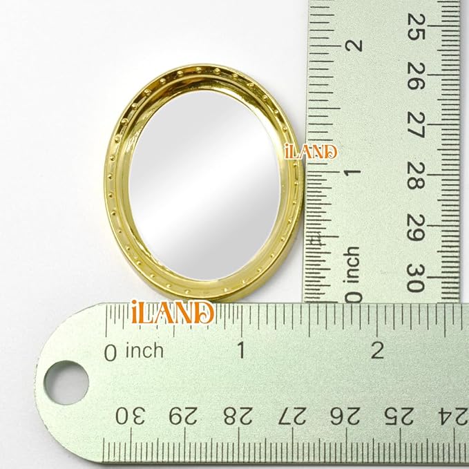 iLAND Mini Mirrors, Dollhouse Accessories on 1:12 Scale, Miniature Framed Glass Mirror (Bright Golden 4pcs)