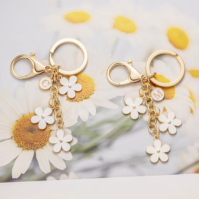 SELOVO Initial Keychain White/Pink/Black Cute Keychain Girl Purse Charms for Handbag Cute Letter Flower Keyring for Backpack