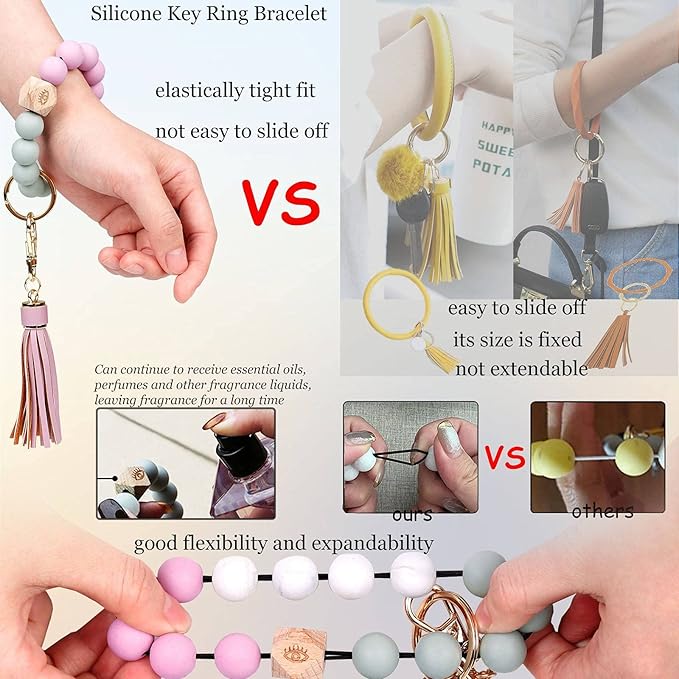 BIHRTC Key Ring Bracelet Car Keychain Holder Wristlet Silicone Women Beaded Bangle Chains