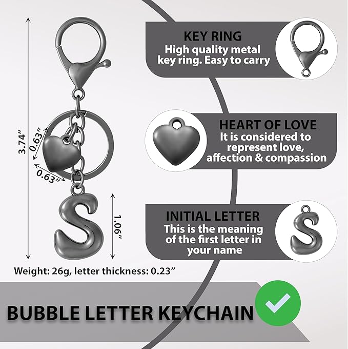 Heart Bubble Letter Keychain for Women, Girls - Cute Keychain with Initial - Alphabet Keychain for Bag Charm, Handbag