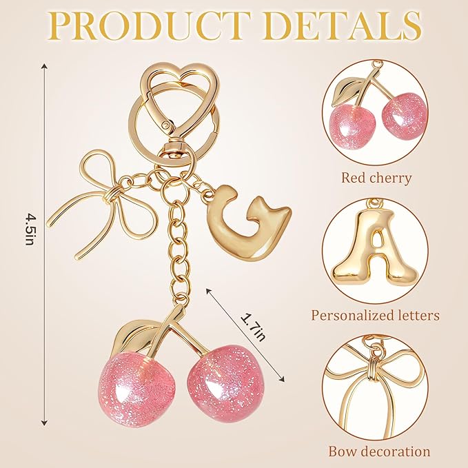 Snycler Bubble Initial Keychain with Cherry & Bow - Gold Letter Bag Charms for Women, Cute Purse Handbag Accessories