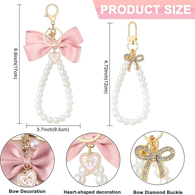 2Pcs Cute Bow Keychain for Women,Purse Charms Bow Bag Charms for Handbag, Pearl Keychain Accessories for Car