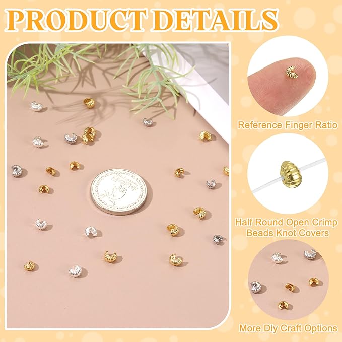 uxcell 200 Pcs Crimp Bead Covers, 3mm/0.12" Half Round Open Crimp Beads Knot Cover, Small Loose Beads End Tip Caps for Bracelet Jewelry Making Craft DIY, Gold