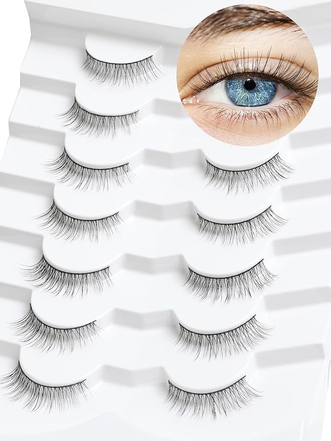 Natural Lashes Eyelashes Wispy Cat Eye Lashes with Thin Band 10mm Lash Strips Siligli Eyelashes 3D Volume Lash C Curl Natural Eyelash Pack 7 Pair