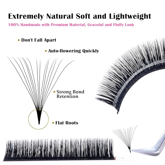 DeceMars Automatic Rapid Blooming Eyelash Extensions Self Fanning Easy Fans 1 Second Flowering Fake Lashes 2D~10D Russian Volume Eyelashes Matte Black-0.03mm-D-17mm
